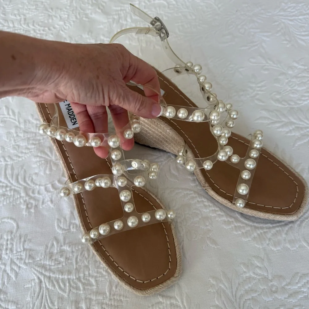Steve Madden Pearl Embellished Wedges - Cream size 11